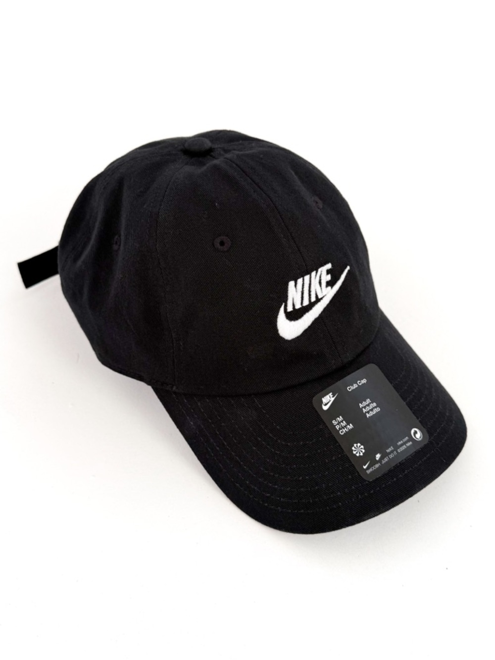 New Nike Club Adjustable Logo Baseball Cap Black White S/M Swoosh